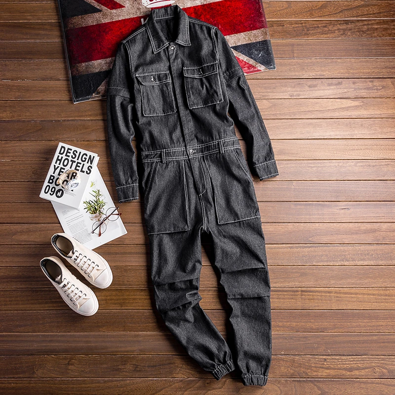 Men's Denim Jumpsuit Lapel Long Sleeve Removable Beam Feet Black Overalls Streetwear Hip-Hop Jeans Cargo Pants Leisure Trousers