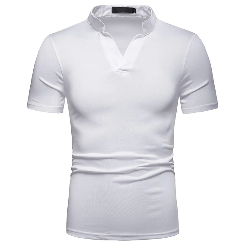 

Белая футболка Хенли, красивая брендовая новая облегающая футболка с коротким рукавом, Мужская трендовая Повседневная футболка с V-образны...