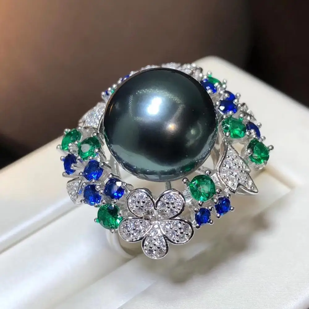 

D410 Pearl Ring Fine Jewelry 925 Sterling Silver Natural 13-14mm Round Ocean Sea Water Tahiti Black Pearl Rings for Women