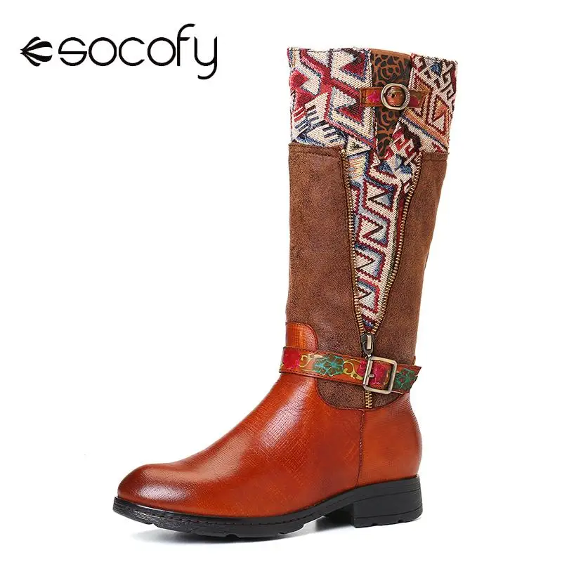 SOCOFY Botas mujer ботинки из натуральной кожи с квадратным узором до середины икры на