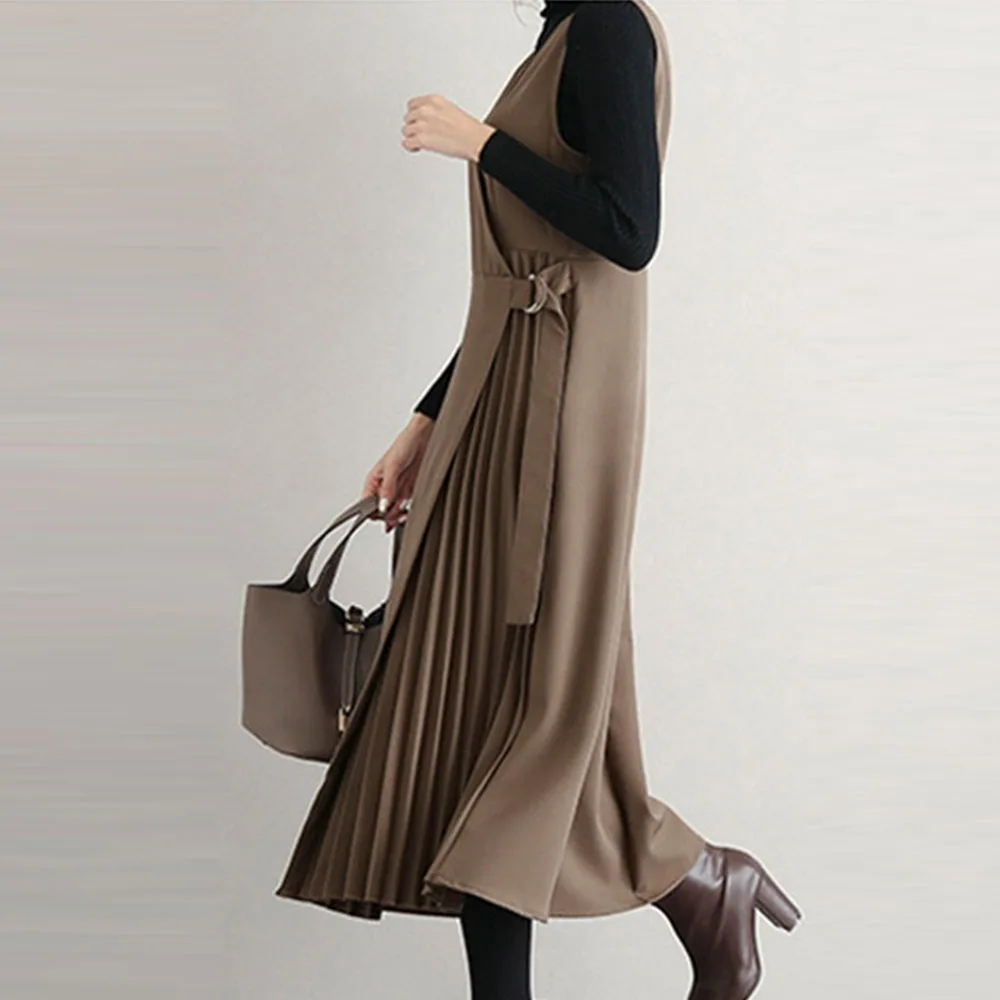 Женский плиссированный сарафан средней длины элегантное льняное однотонное