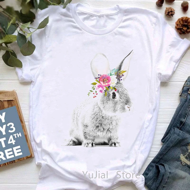 

Summer Fashion Women T-Shirt Funny Rabbit Bunny Flowers Animal Print Tshirt Femme Harajuku Shirt Kawaii Clothes T Shirt Female
