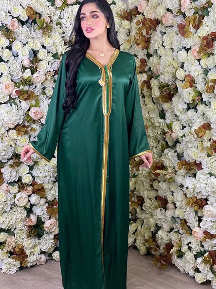 Арабское длинное платье, кафтан, женское плотное атласное платье с оплеткой, свободное повседневное мусульманское платье, мусульманская аб...