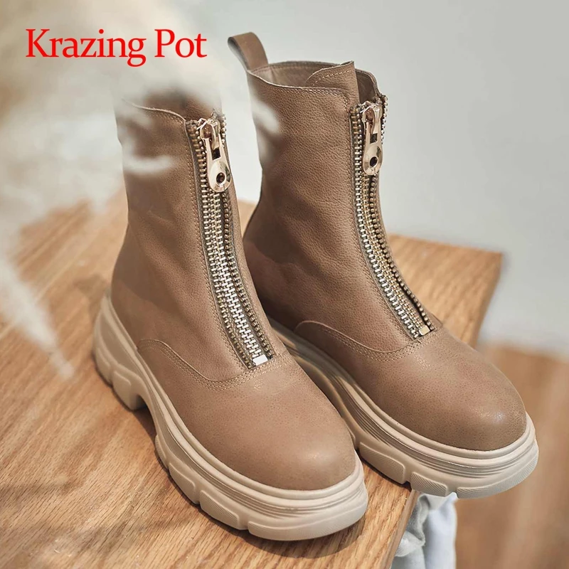 

Ботильоны Krazing pot теплые в западном стиле, модные полусапожки из воловьей кожи с круглым носком, на высоком устойчивом каблуке, на молнии, бол...