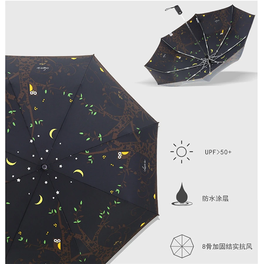 Автоматический зонт с милой совой Женский компактный Ветрозащитный зонтик без