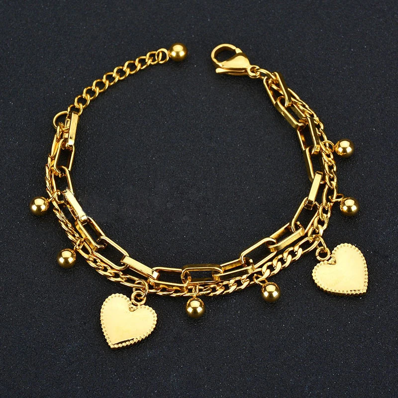 

Multi-layer Stainless Steel Heart Round Beads Ladies Bracelet Fashion Love Ornaments Gold Silver Color Sweet Student Bracelet