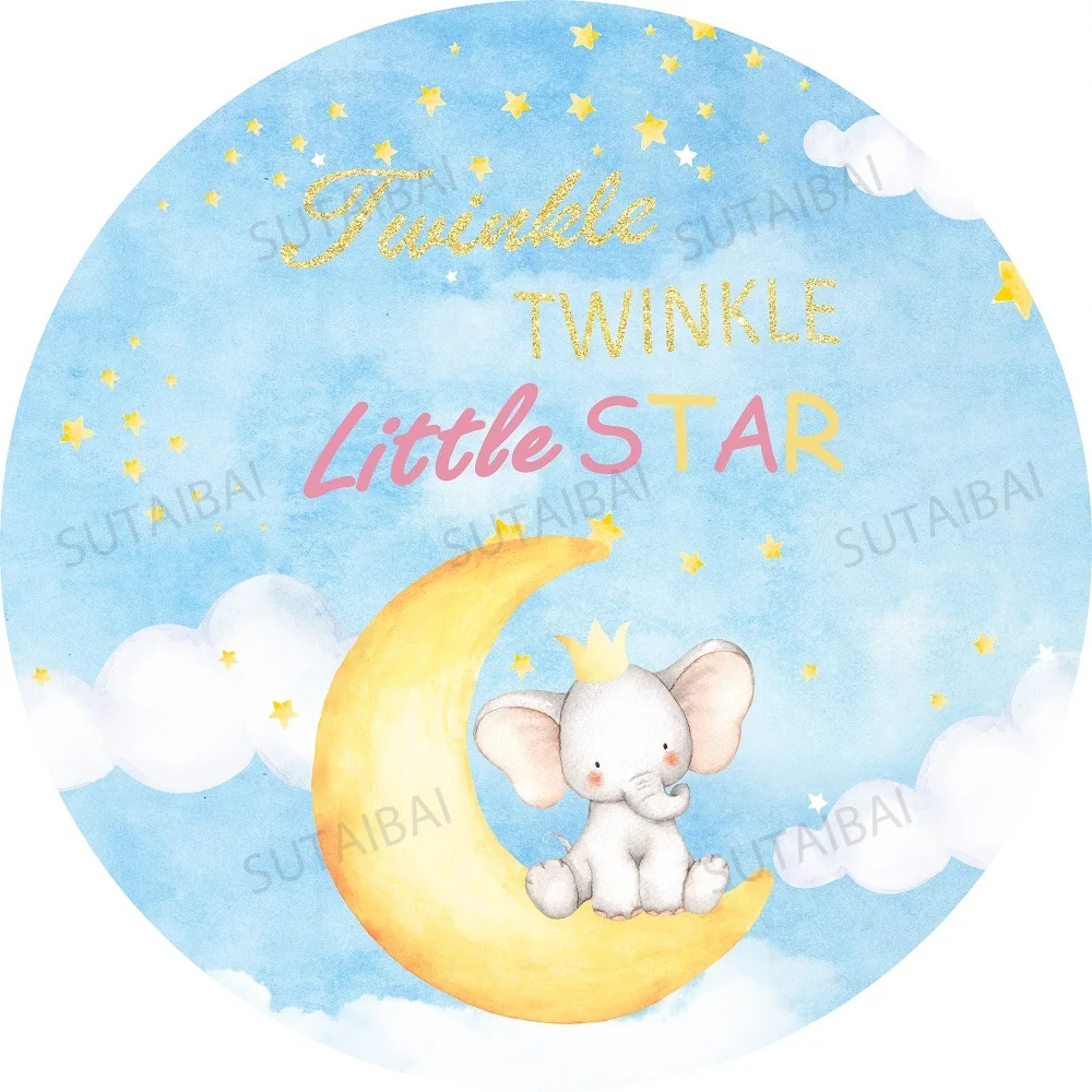 

Round Circle Background Covers Baby Shower Blue Twinkle Little Star Elephant Backdrop Boy Girls Birthday Party Cake Table Decor