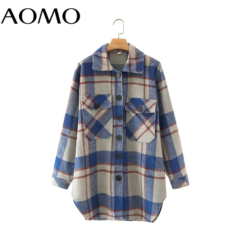 

AOMO Women Blue Plaid Thick Woolen Coats Jacket Warm Pocket 2021 Ladies Elegant Autumn Winter Overcoat 2M111A