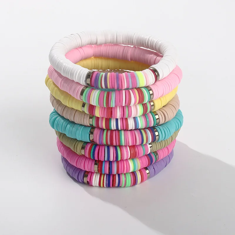 

8mm Bohemian Colorful Polymer Clay Soft Pottery Heishi Disc Beads Geometric Round Wristband Bracelets For Women Beach Jewelry