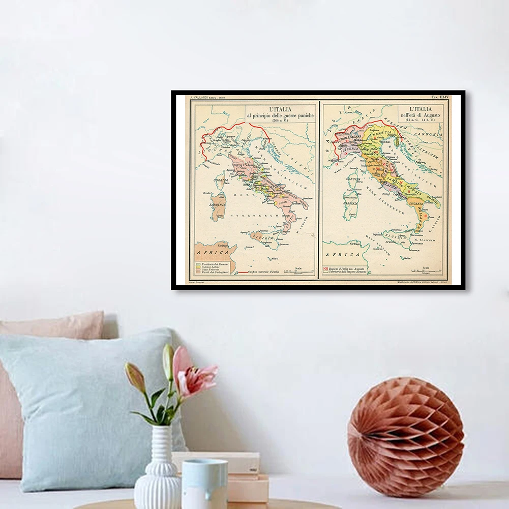 

90*60cm Vintage Map of The Italy In Italian Wall Art Poster Non-woven Canvas Painting Classroom Home Decoration School Supplies