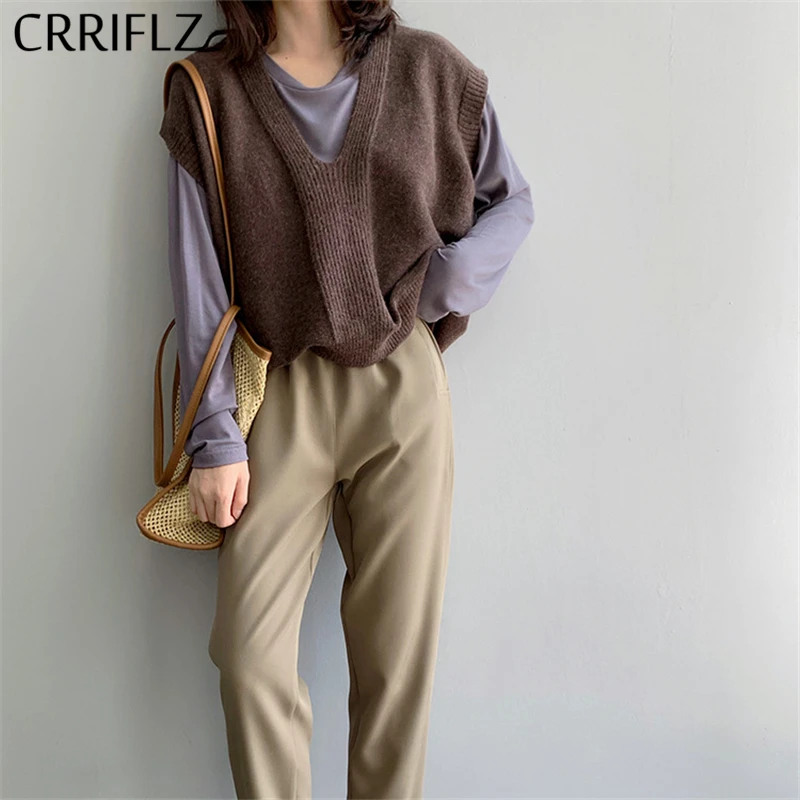 CRRIFLZ 2020 Новый Свободный вязаный свитер жилет Женский Повседневный пуловер без