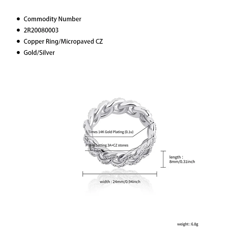 

1 Fashion Gold-plated Copper Hip Hop Rings Iced Micro Pave Cubic Zircon Cuban Chain Ring for Men and Woman Gift Cincin Anillo