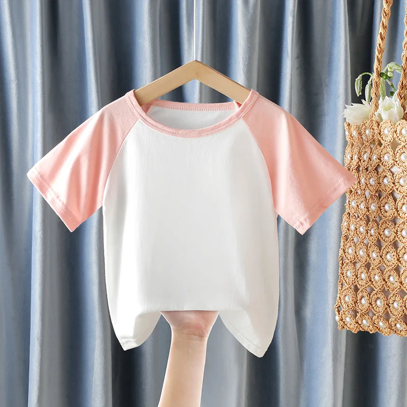 

Children's tops girls stitching short-sleeved t-shirt baby solid color hedging small children's casual clothes GPZB20