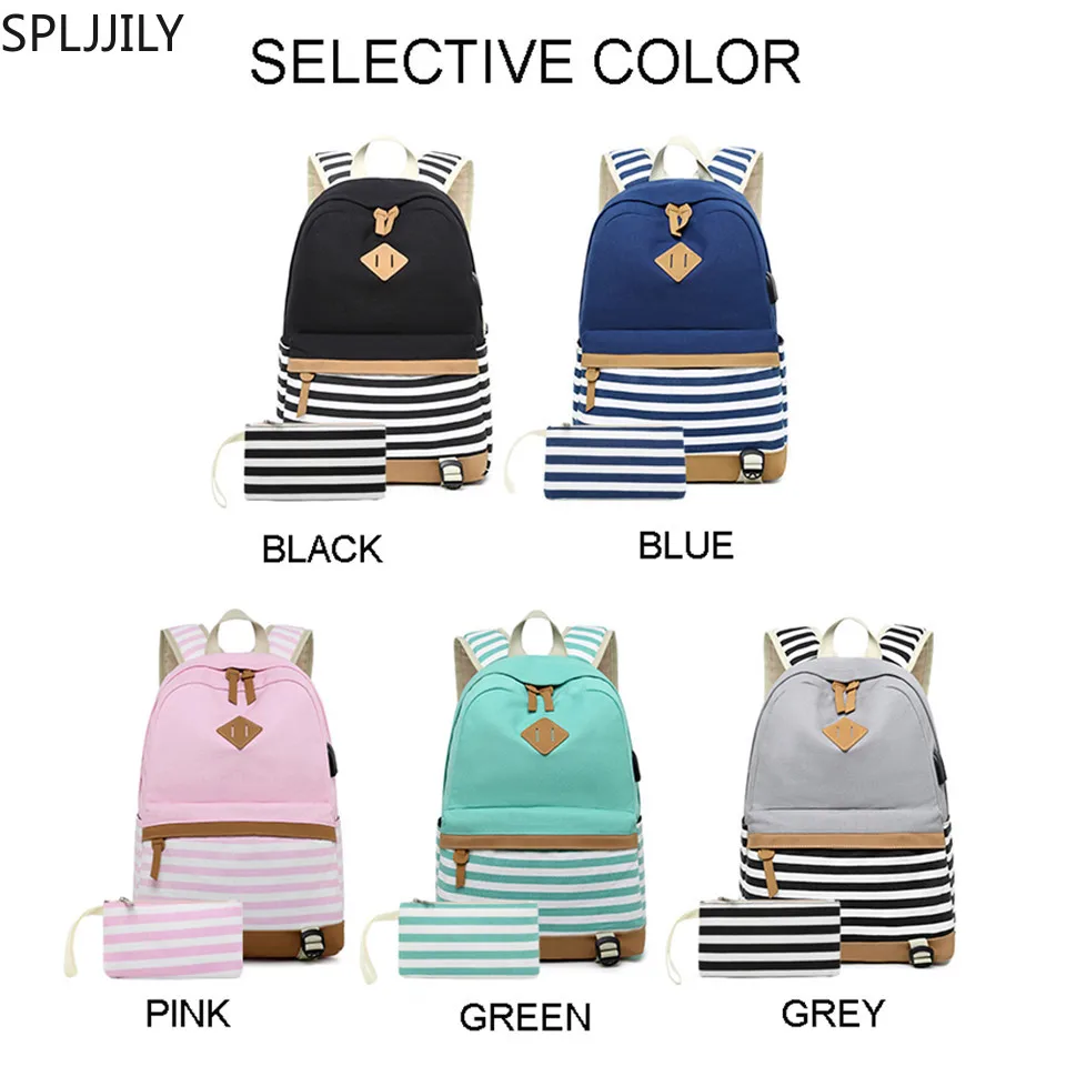 SPLJJILY школьный рюкзак Набор холст полоса пенал с usb зарядным портом и держателем