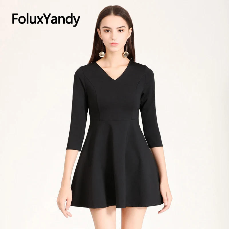 

New A-line Slim Women Elegant Dress Black Vestidos V Neck Half Sleeve High Waist Summer Dress Mini QCFS03