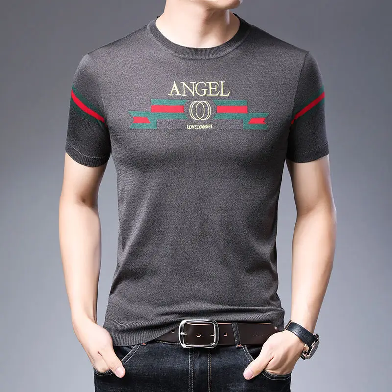 

Summer Ice Silk Thin Men's Thin Knitting Embroidery Short Sleeve Slim Half Sleeve Round Neck Top