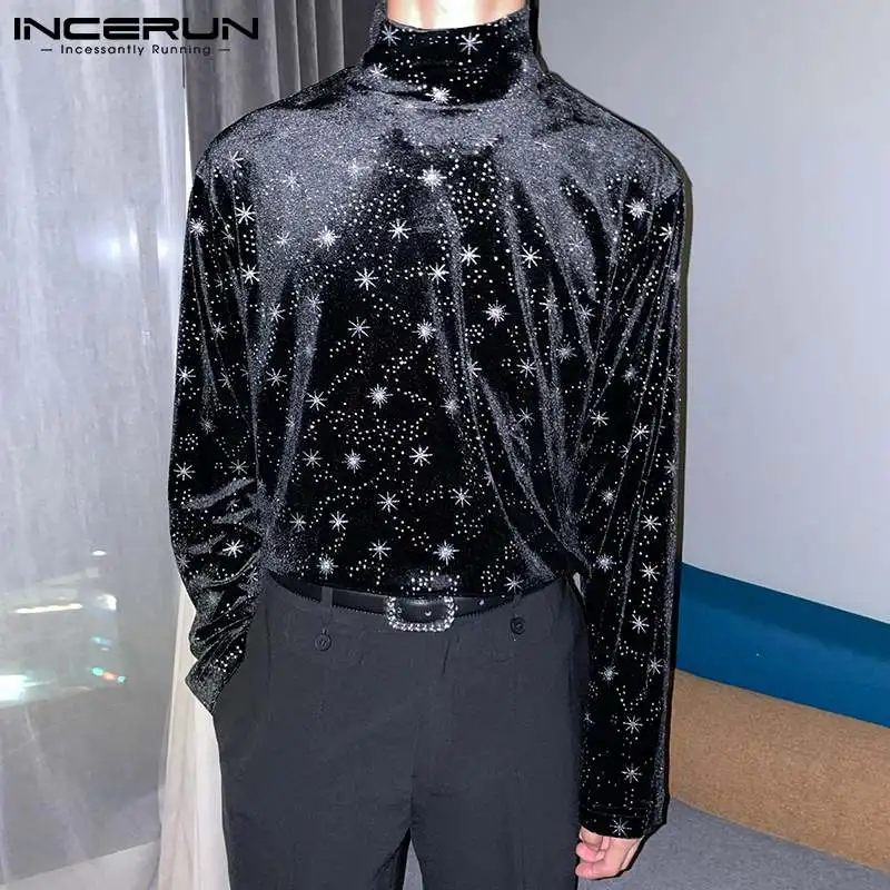 Men Party Nightclub Style Gypsophila Camiseta Stylish Pullover Bottoming Tees Male Sparkling Long-sleeved T-shirts S-5XL INCERUN