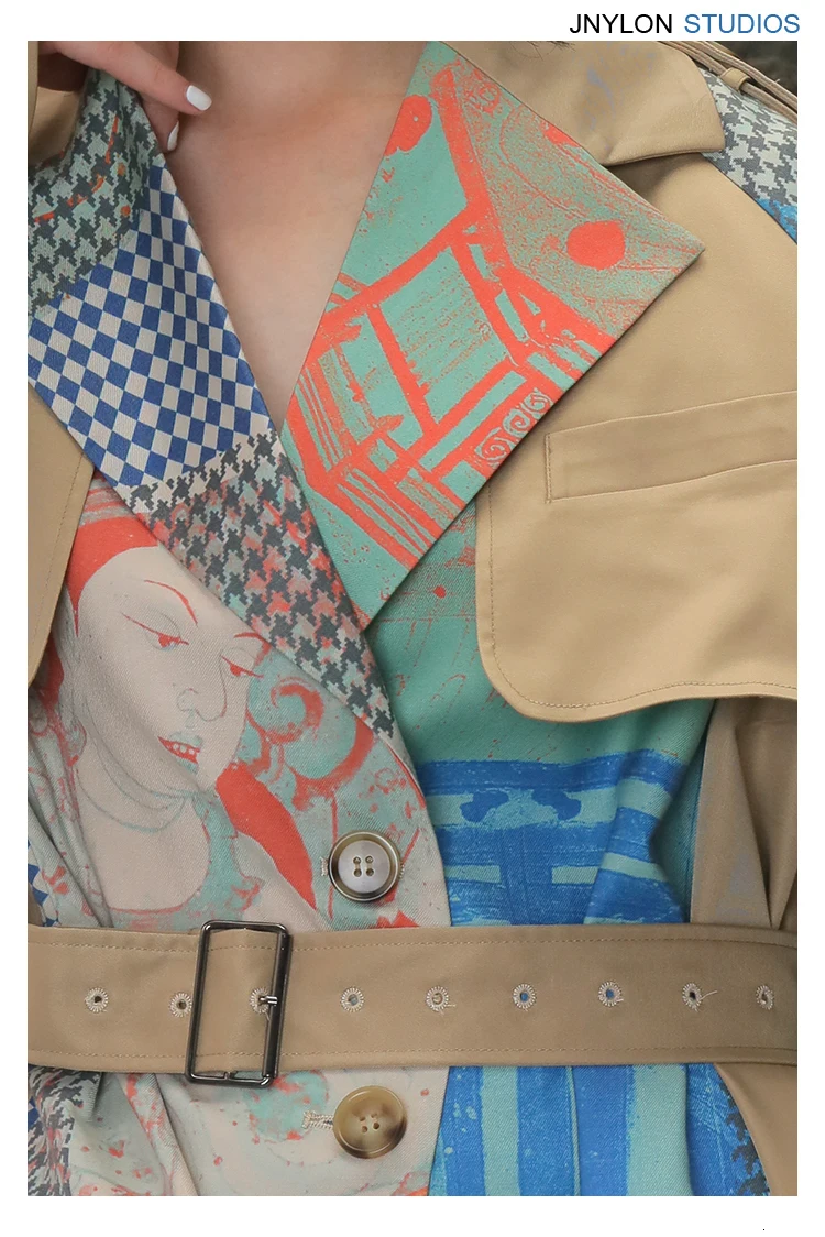 DEAT Autumn And Winte Turn-down Collar Patchwork Printed Maps Batwing Sleeves Waist Belt Female Trench Coat Loose WJ27004L