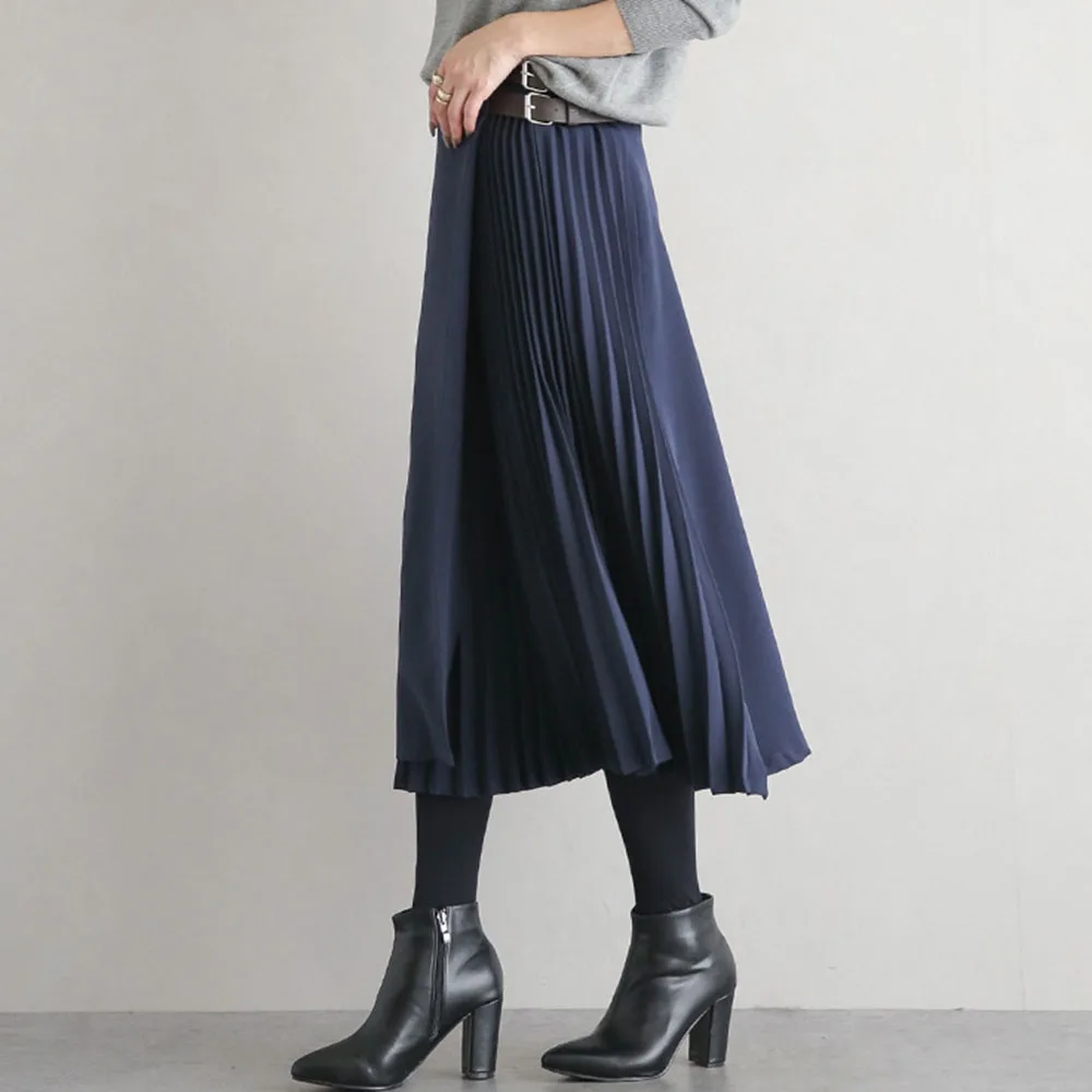 

2020 Fall Autumn Korean Japan Women High Waisted Midi Skirts Skirt Pleated A Line Solid Black Khaki Belted Ekegant Office Lady