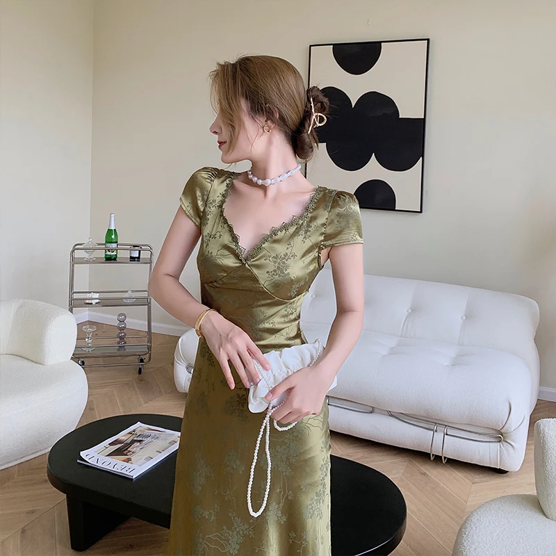 

Korejepo Women Dress 2021 Summer New French Retro Sexy Floral Lace Stitching Backless V-neck Halter Seaside Holiday Dress Female