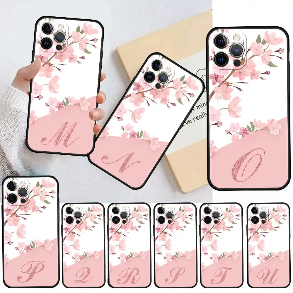 

Case For Apple iPhone 13 11 12 Pro 7 XR X XS Max 8 6 6S Plus 5 5S SE 2020 Black Phone Cover Capa Flower Letter Pink Initial R S