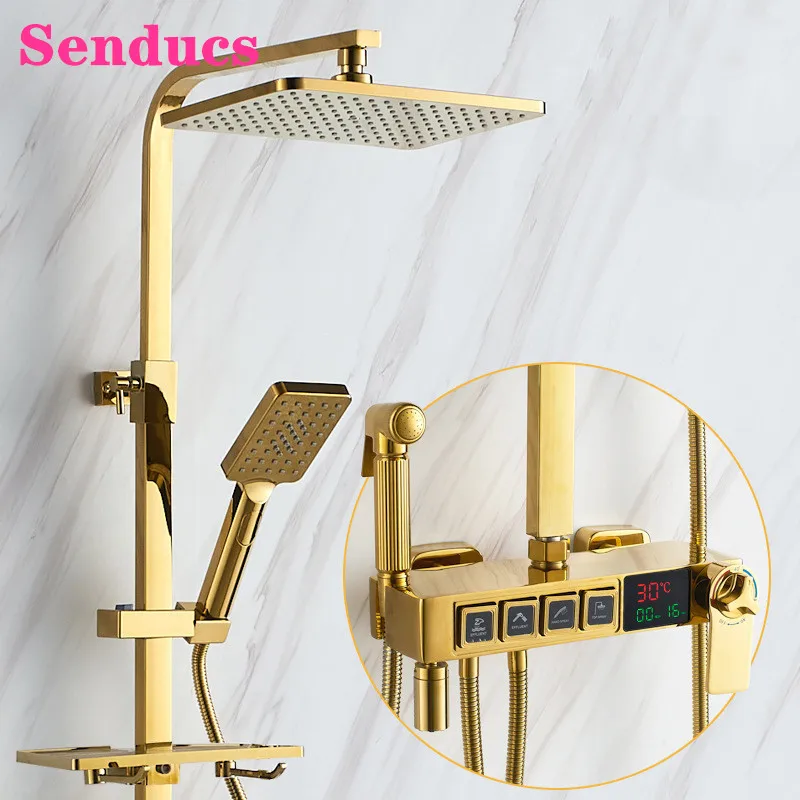 

Gold Bathroom Shower Set Senducs 12 Inch Rainfall Shower Head Quality Brass Bathtub Faucet Thermostatic Digital Shower Set