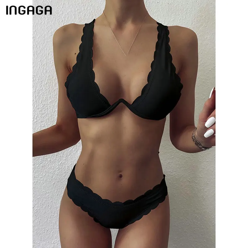 Комплект бикини пуш ап INGAGA черные купальники 2021 кружевной купальник женский