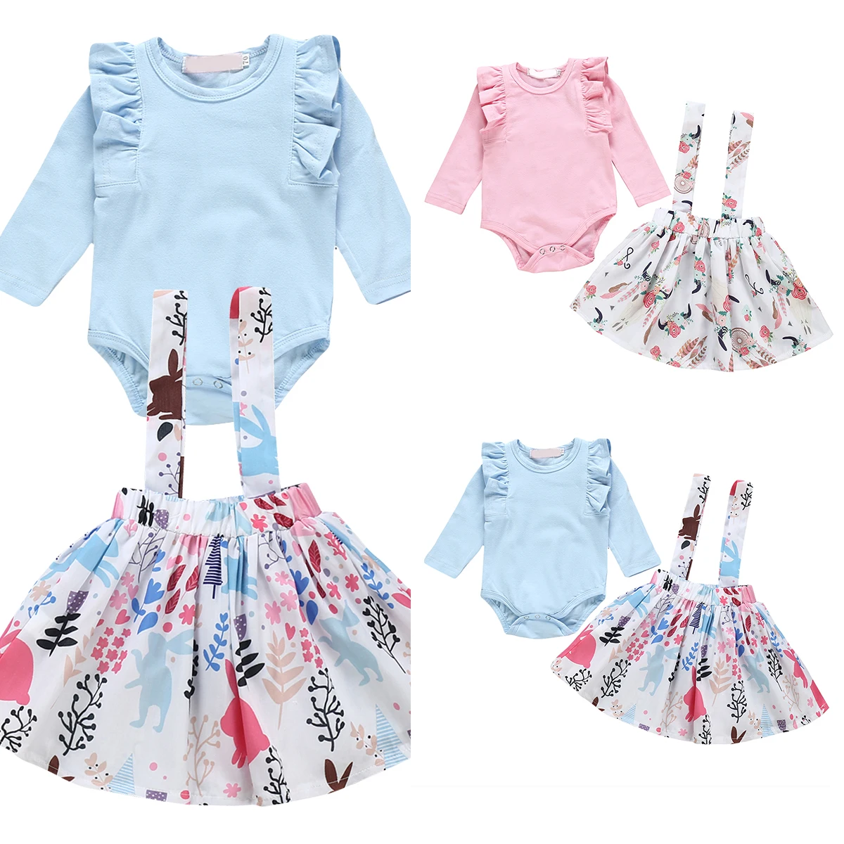 

Комплект детской одежды, однотонный топ с длинным рукавом для маленьких девочек + юбка на подтяжках с цветочным принтом, Осень-зима, наряды д...