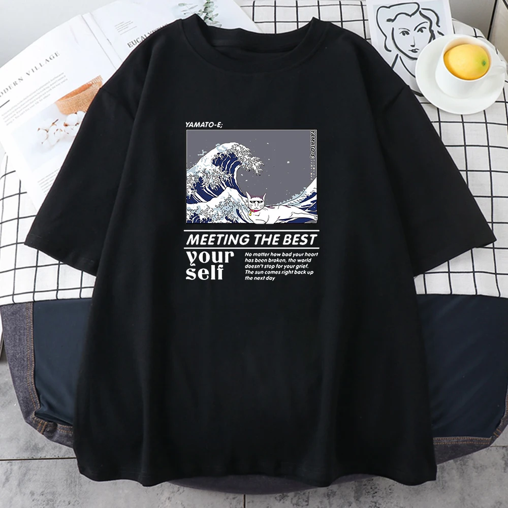 

Women Kawaii Tshirt Meeting The Best Yourself Wavy Cat Print Loose Casual T Shirt Female Harajuku Anime O Neck Streetwear Tee