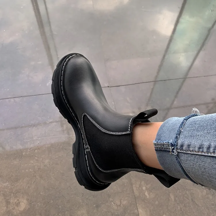 

MLJUESE 2021 women ANKLE boots Cow leather Winter short plush Round Toe Platform High heels female Chelsea boots size 39