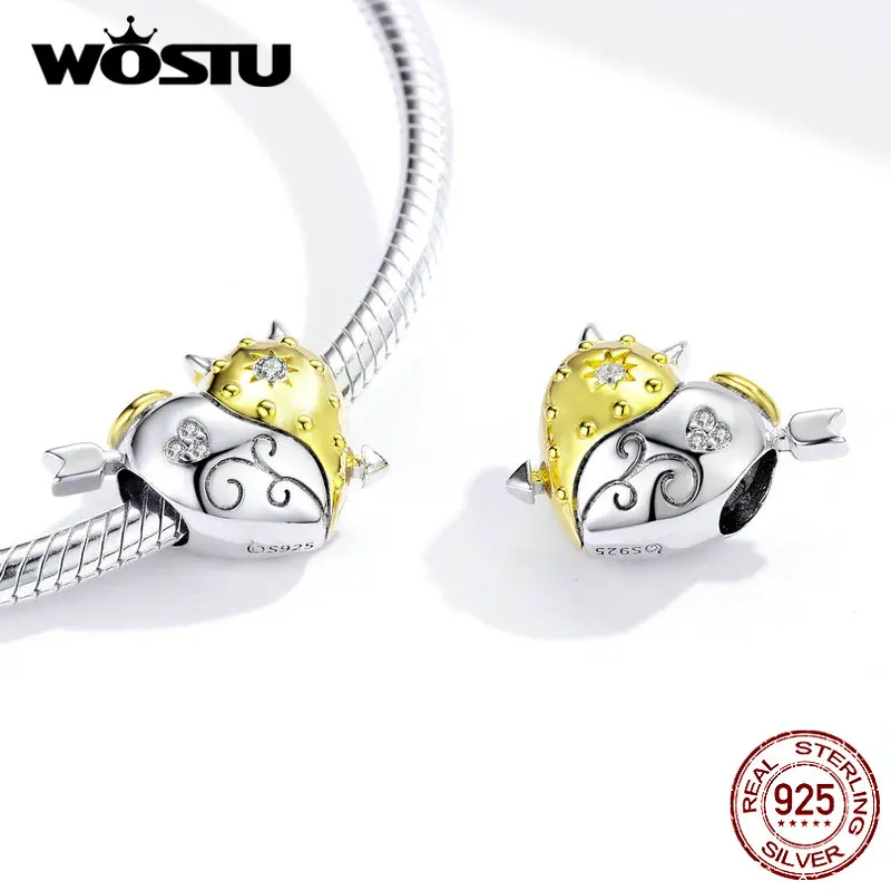WOSTU, настоящее 925 пробы, серебряный ангел и дьявол, бусины, сердце, золотые подвески, подвеска, подходит для оригинального браслета, браслеты, изготовление ювелирных изделий CTC107