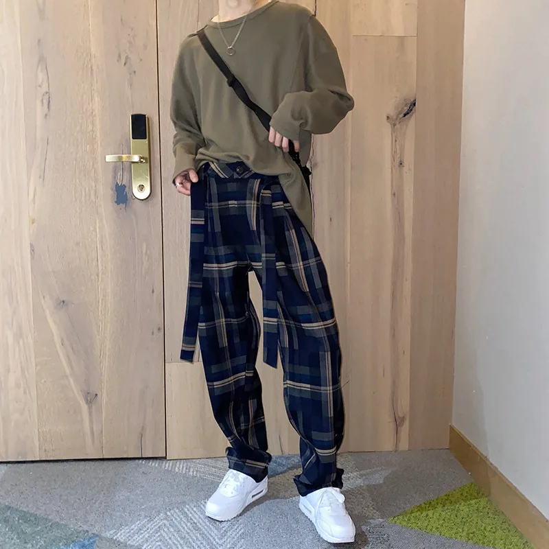 

WFF New loose plaid pants men's Korean fashion casual straight pants Harem Pants street wear men pants fashion korean streetwear