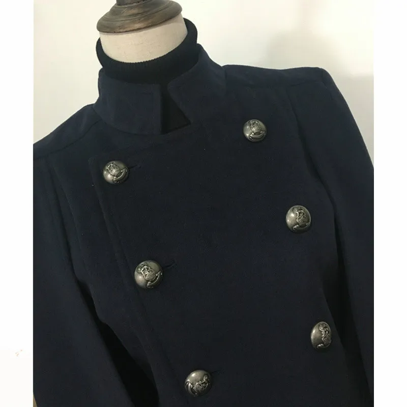 

Fashion Women Blue Woolen Coats Cloak Navy Blue Workwear Winter Office Lady Outwear Double Button 2020 New Autumn Overcoat Cape