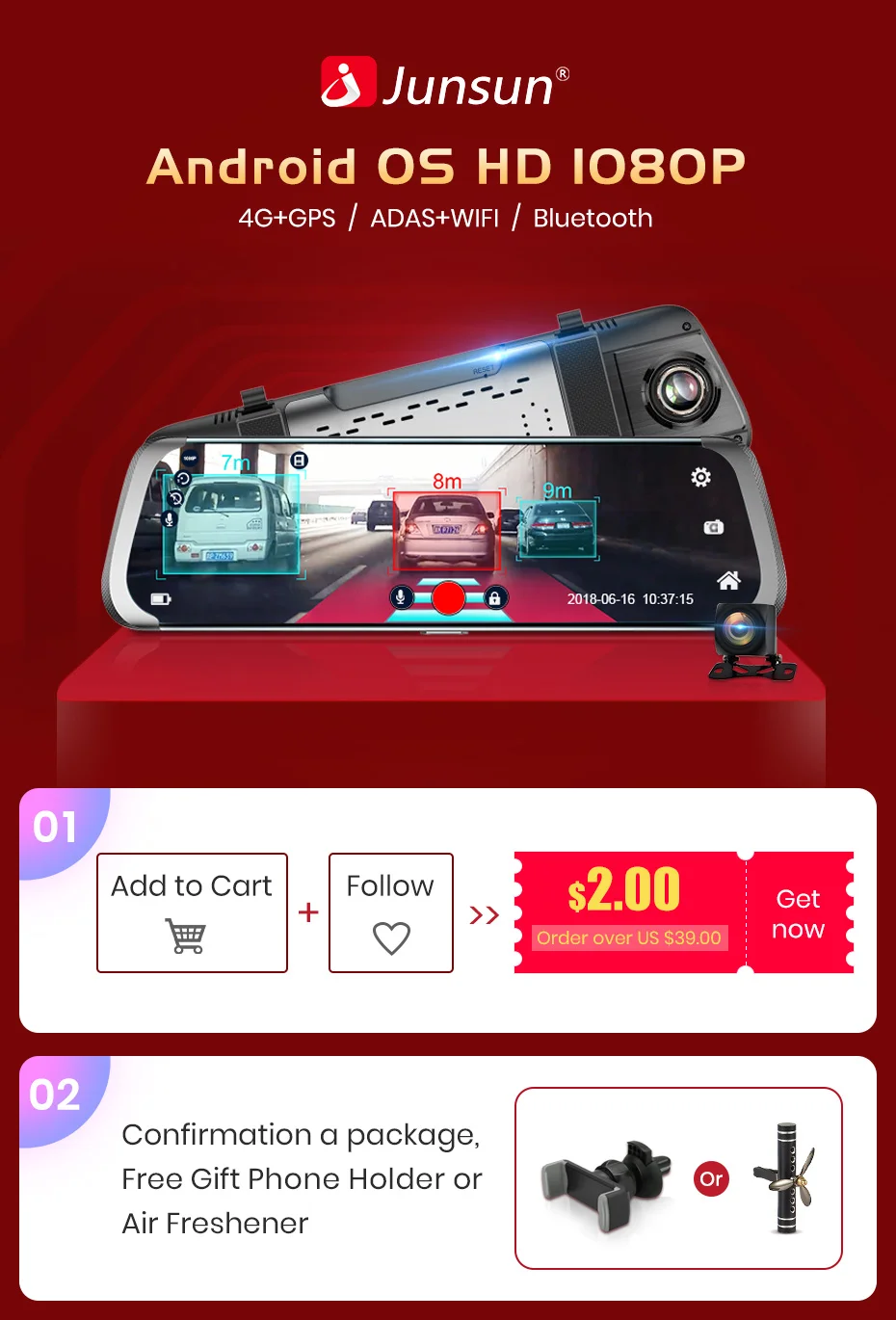 Junsun A930 10 ''adas поток медиа зеркало заднего вида Avtoregistrator 4 г Android Smart тире камера FHD 1080 P Авто регистраторы gps