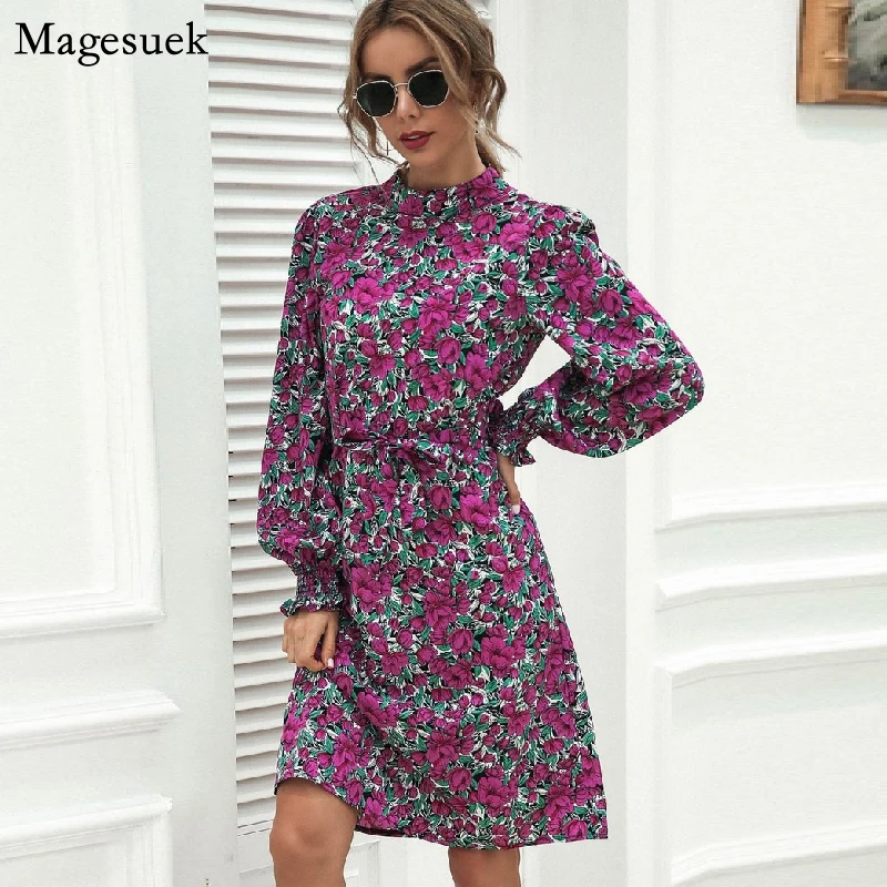 

Fashion Printed Dress Women Lantern Sleeve 2022 Spring Vintage Women's Dress Elegant Casual Chic Loose Female Dresses Robe 18176