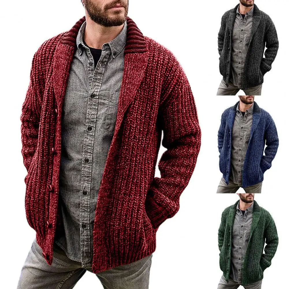 

2021 New Men Sweater Solid Color Long Sleeve Warm Knitted Lapel Cardigan Coat for Winter