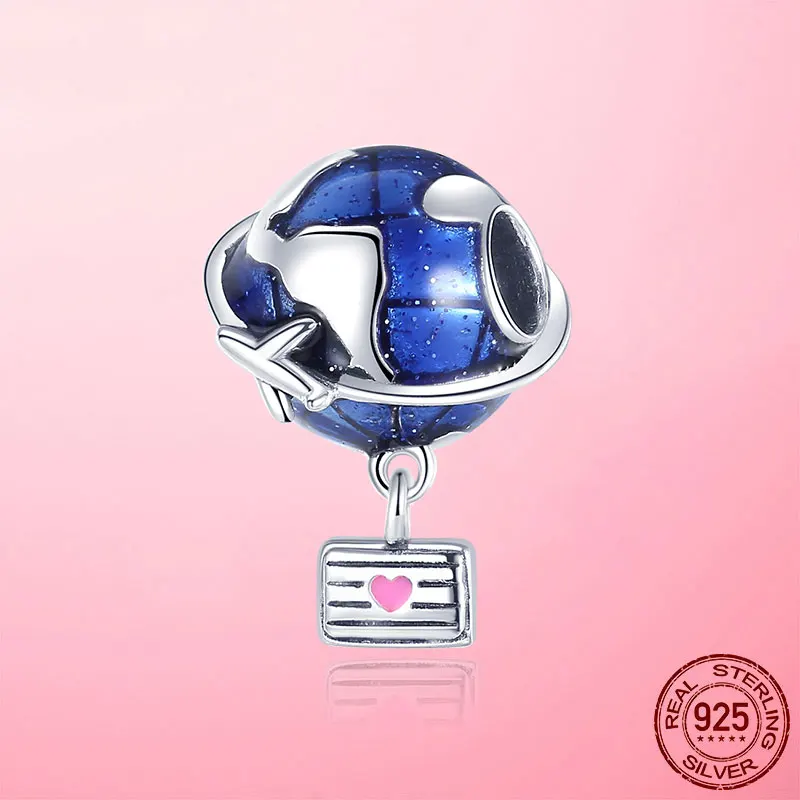 

Travel Charms 925 Sterling Silver Planet Earth Suitcase Charm Beads fit Pandora Bracelet Original DIY Jewelry Making Berloque