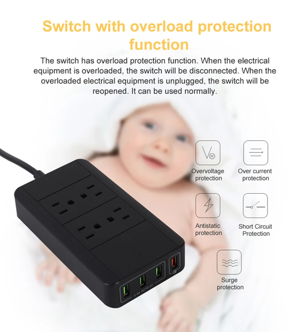 Сетевой фильтр, сетевой фильтр, 4 USB розетки переменного тока, штепсельная розетка США с USB 4 портами QC3.0, быстрая зарядная станция, 6 футов/1,8 м, удлинитель
