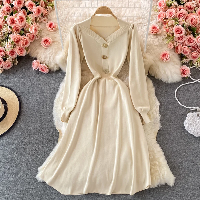 

Autumn Winter Korean Fashion Casual Knitted Sweater Dress Women Long Sleeve Party Dress Vintage Vestidos Elegant Robe Femme