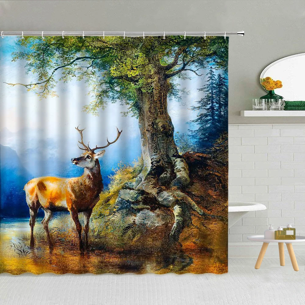 

Elk Forest Landscape Shower Curtain Christmas Animal Green Plants Bathroom Decor Curtains Oil Painting Waterproof Bath Screen