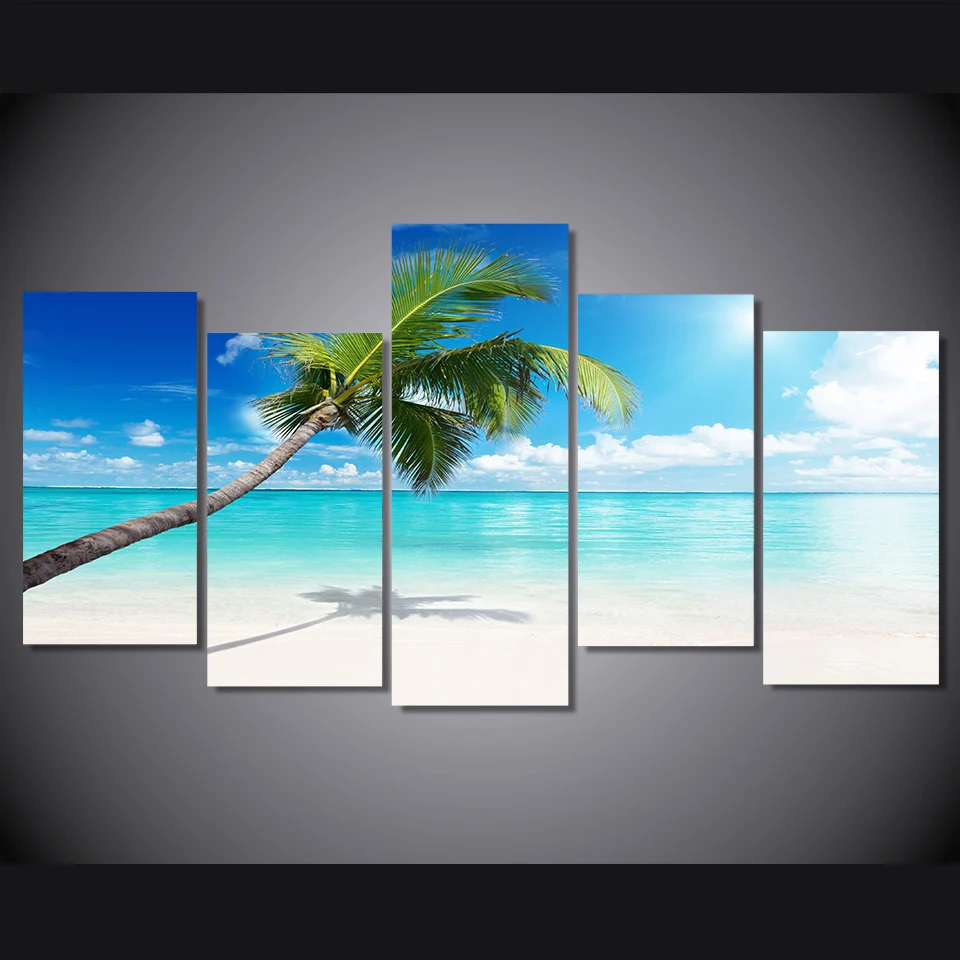 Холст Картины Wall Art HD печатает 5 шт. пальмовое дерево пляж фотографии голубое небо