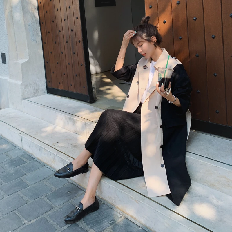 2021 Новинка весны Осенняя однобортная Цвет блок из кусков ветровка длинное пальто