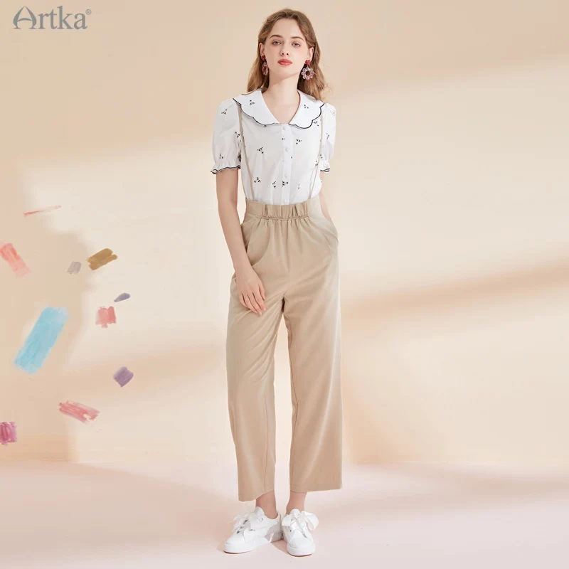 ARTKA 2021 Summer New Women Pants Fashion Casual Elastic High Waist Straight Trousers OL Style Strap Ankle-Length Pants KA25112X