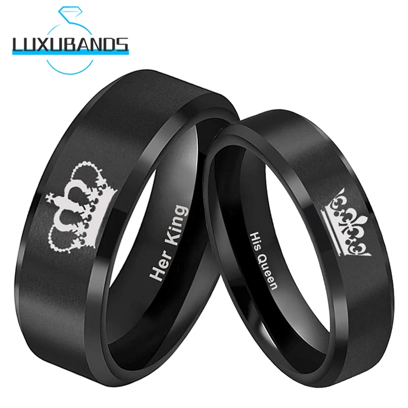 

Tungsten Wedding Couple Ring For Men Women Beveled 8mm Her King 6mm His Queen Crown Black Matte Brushed Finish Stock Comfort Fit