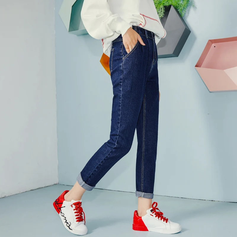 Джинсы для женщин с высокой талией размера плюс две кнопки полная длина на молнии