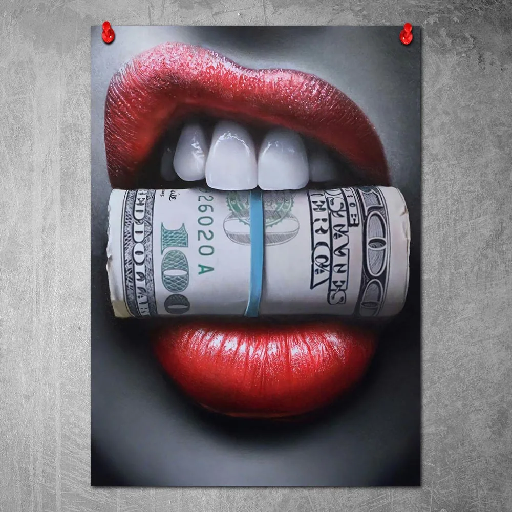 Тату-плакат с губами и деньгами холст настенный художественный принт живопись