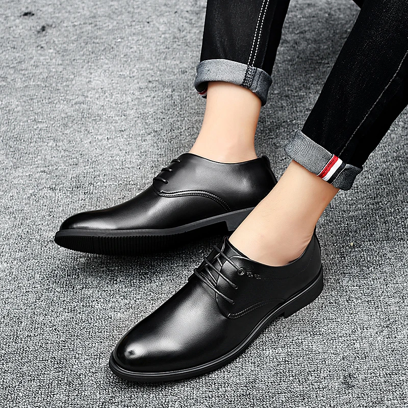 

Men's Black Derby Leather Shoes Comfort Breathable Leisure Business Office Wedding Groom Shoe Daily Lace-up Trend Youth Footwear