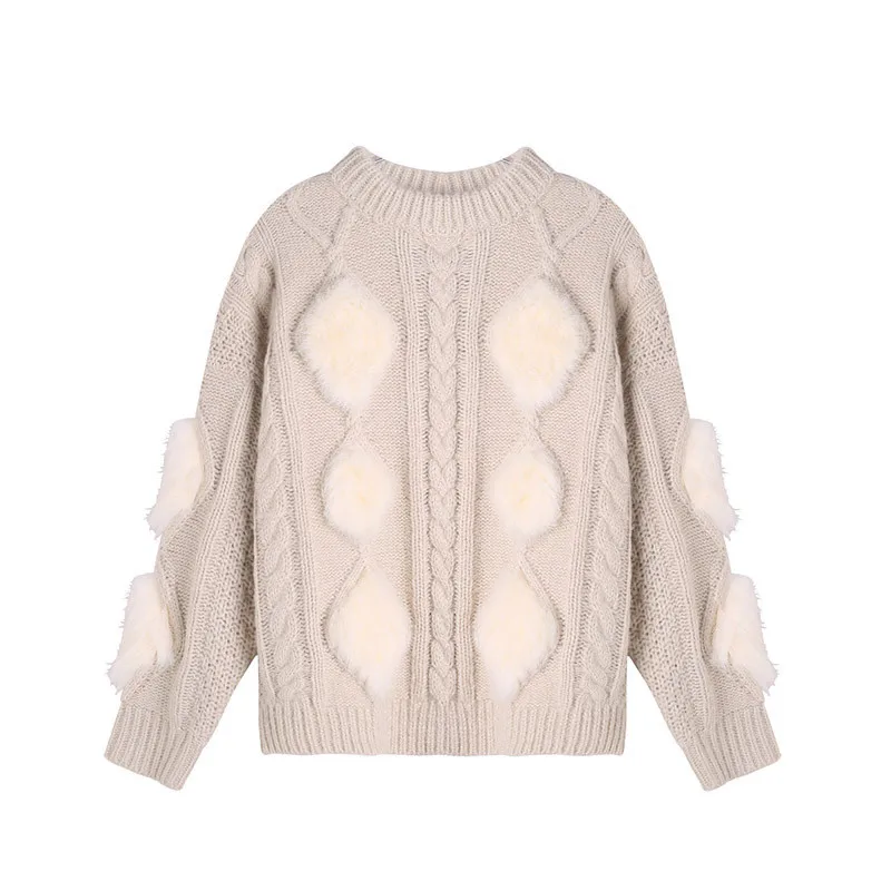 beige Neploe, женский свитер с мехом, в стиле пэчворк, однотонный, вязаный, Женский пуловер,, осень, зима, новинка, с расклешенными рукавами, Sueter Mujer 69373 - Цвет: beige