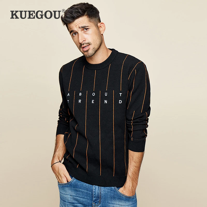 KUEGOU 2021 осенний Полосатый черный свитер с вышивкой Мужской пуловер повседневный