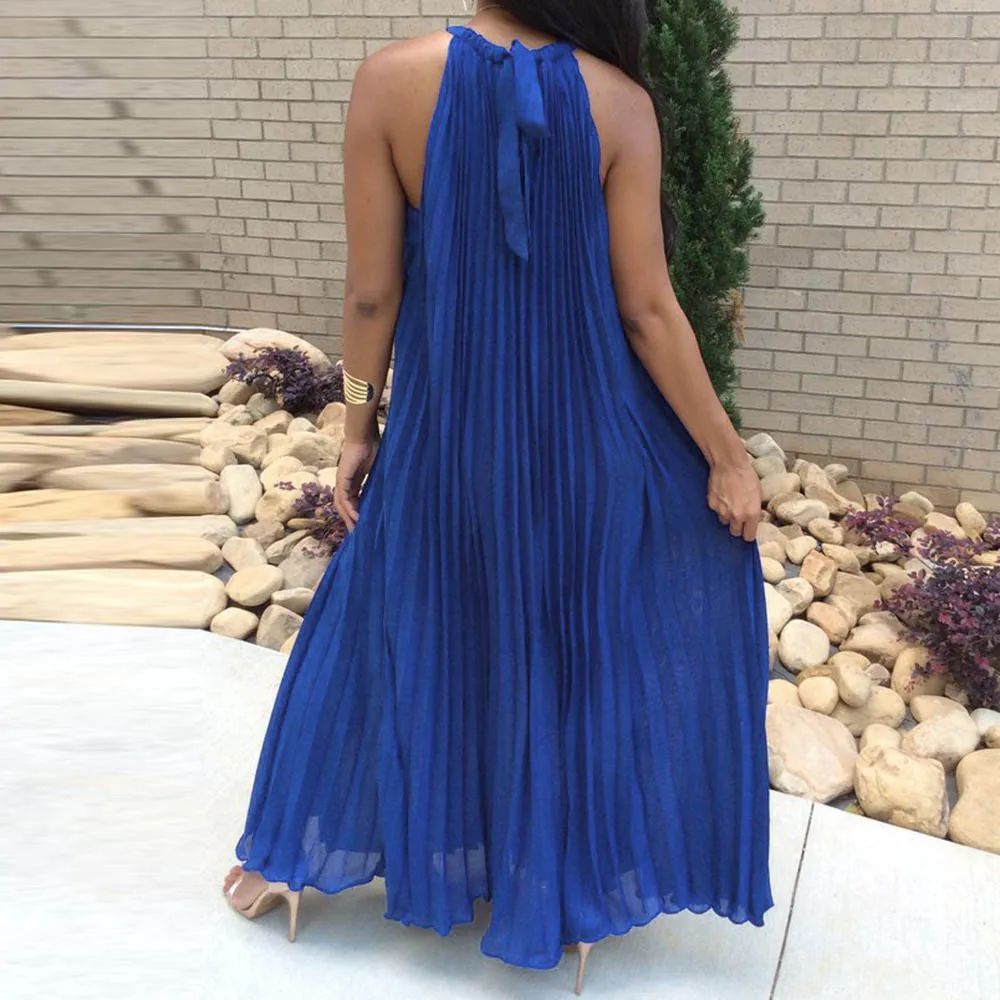 Плиссированное синее платье макси 2019 летние женские пляжные платья без рукавов с